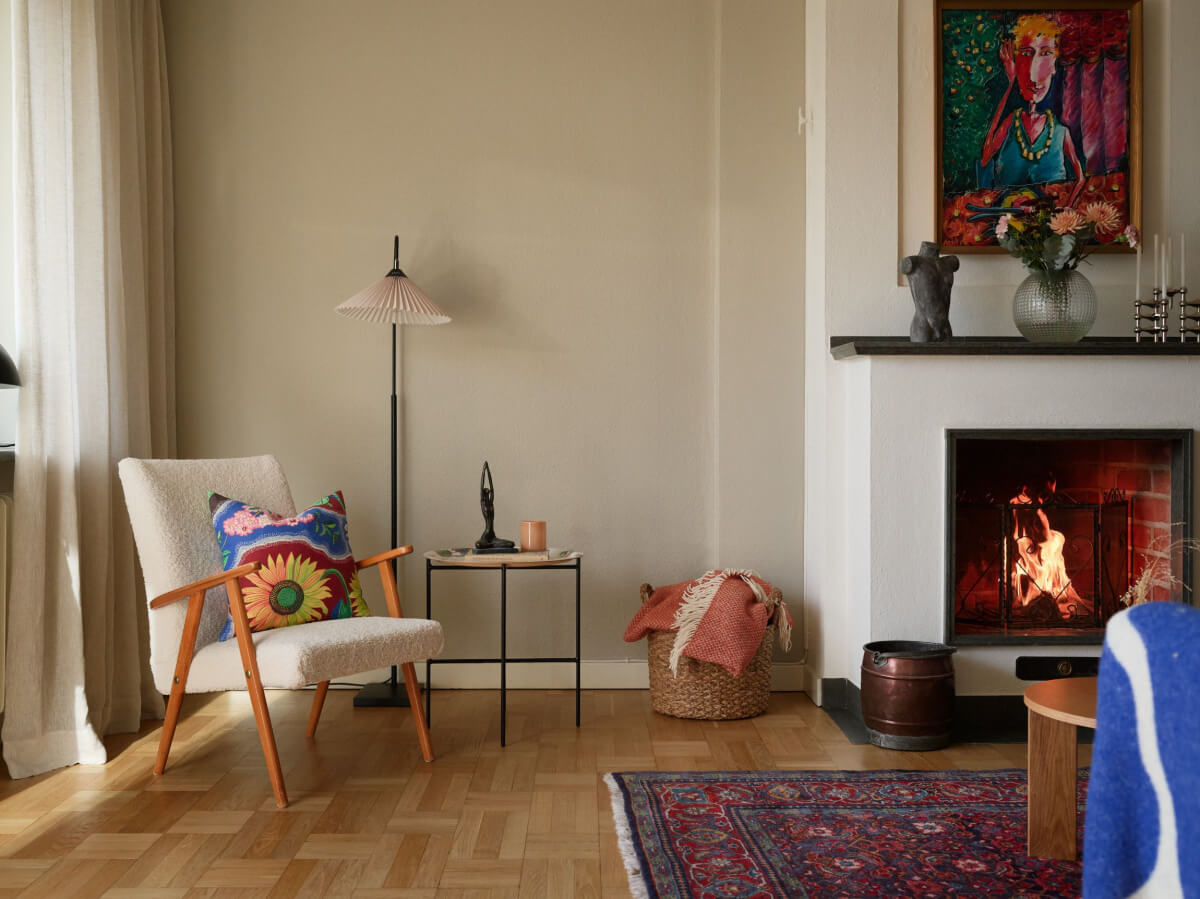 A Charming Two-Bedroom Corner Apartment in a 1940s Building 4 serene living room dutch parquet fireplace