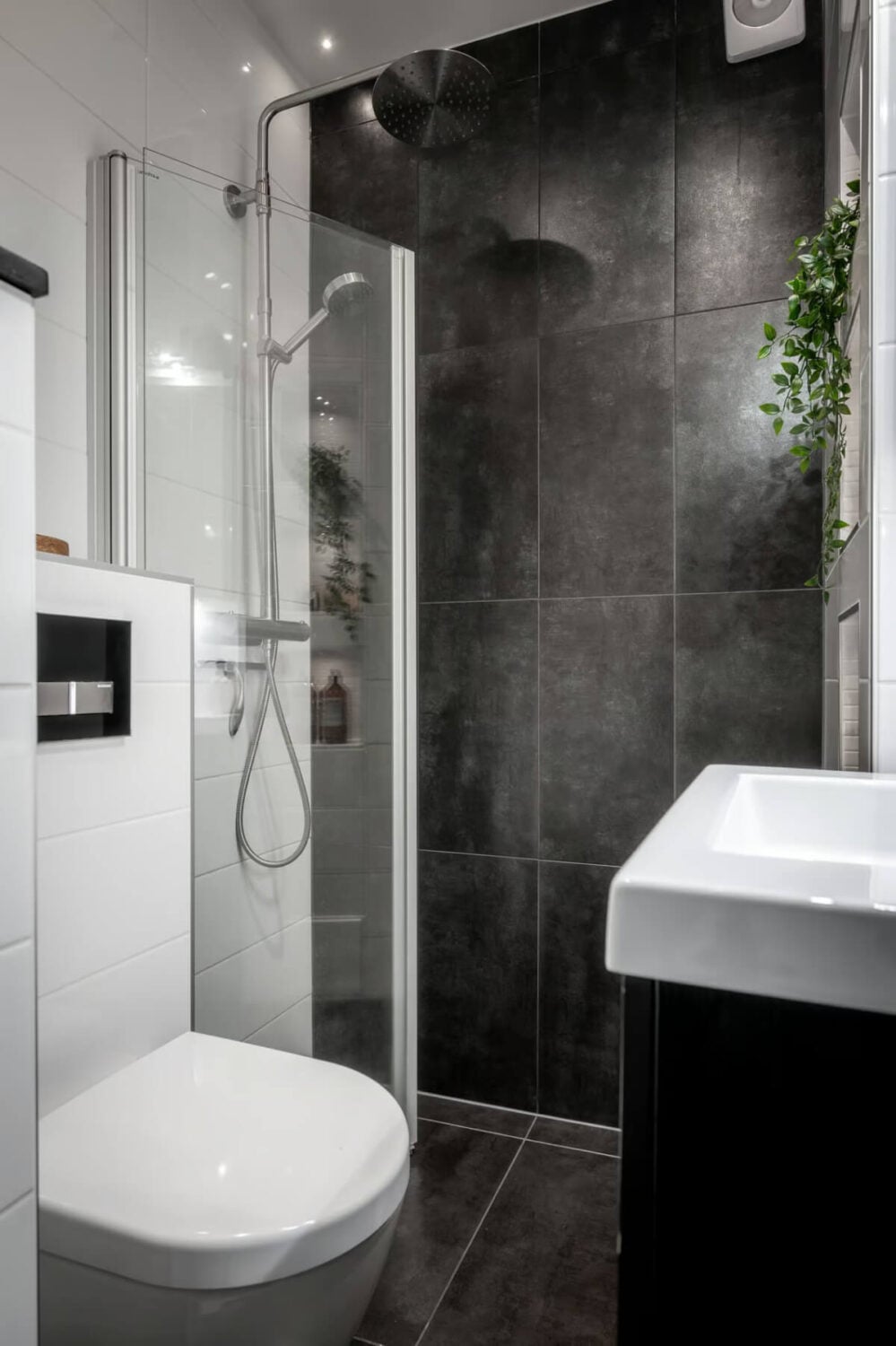 A Swedish Attic Apartment with Exposed Brick and Yellow Color Accents 20 small black and white bathroom