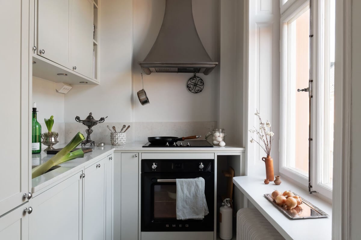 A Small Light Gray Apartment with Period Features 17 small classic light gray kitchen