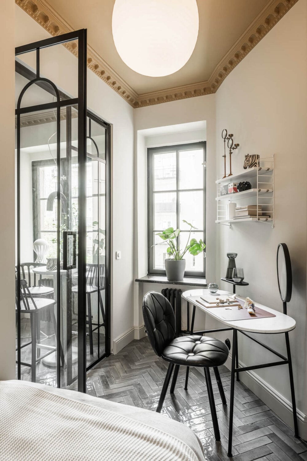 A Swedish Apartment with Exclusive Materials and Monochrome Color Scheme 14 tiny bedroom painted ceiling vanity table desk