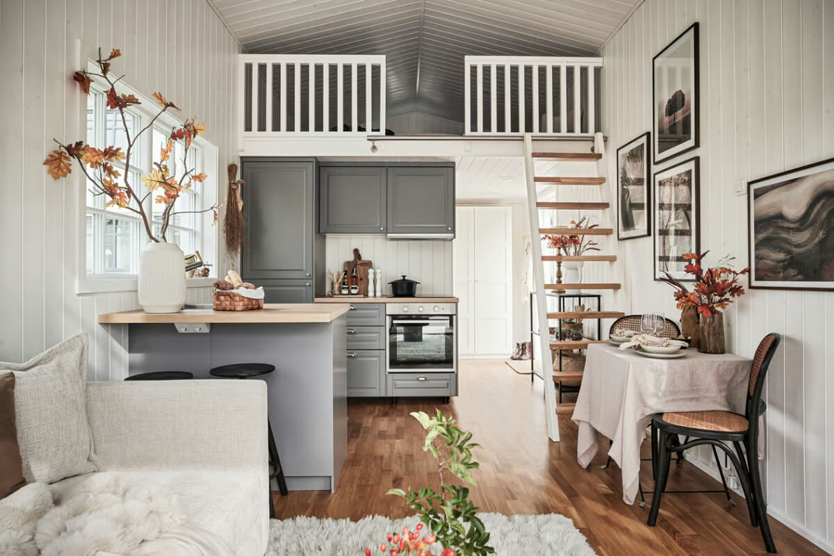 A Charming Tiny House in Sweden with a Private Terrace 1 tiny house with gray kitchen