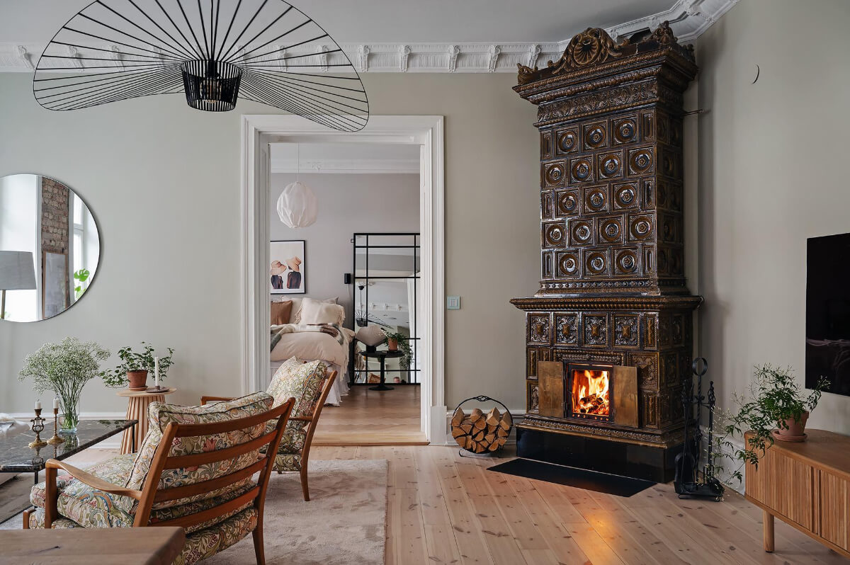 A Swedish Apartment with an Open Living Space and Period Features 18 traditional swedish fireplace