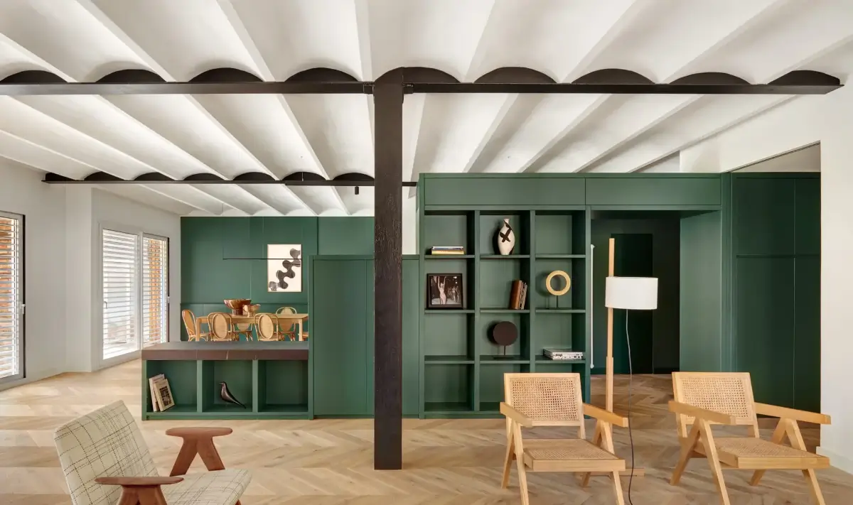 A Modern Barcelona Apartment with a Pink Bathroom 7 vaulted ceiling open plan living space