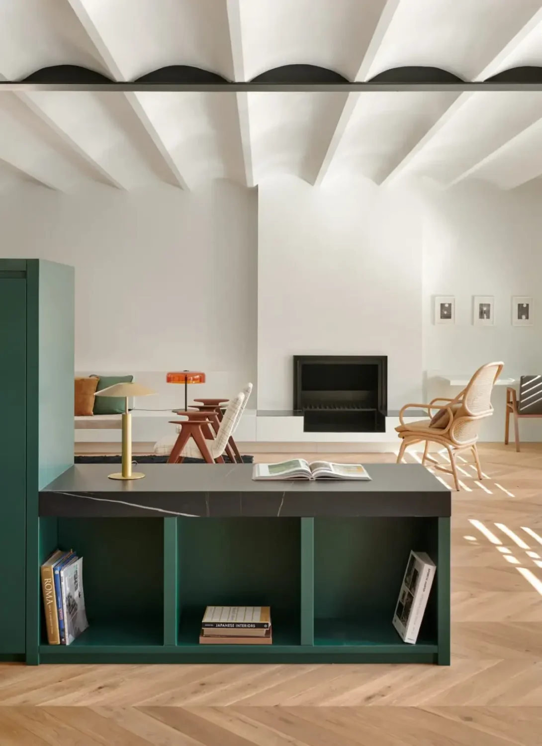 A Modern Barcelona Apartment with a Pink Bathroom 6 view into living room