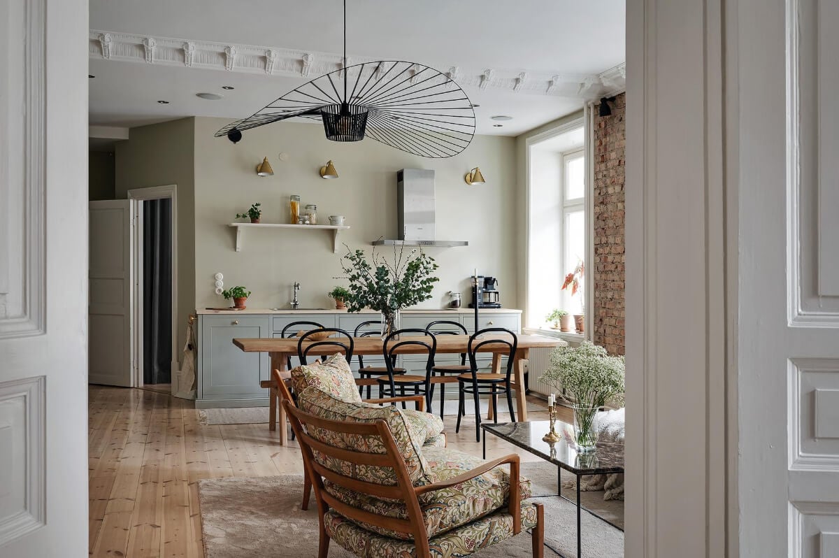 A Swedish Apartment with an Open Living Space and Period Features 6 view into open plan living space