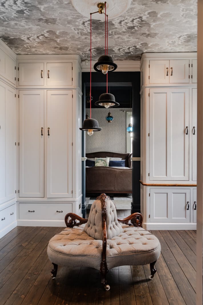 A Grand Victorian Villa in Manchester with Bold Interiors 24 wardrobe room with wallpaperd ceiling nordroom