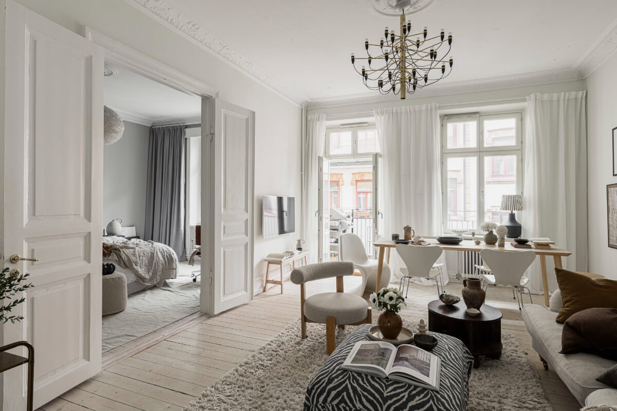 Period Features and Contemporary Solutions in Gothenburg 3 white living room period features wooden floor