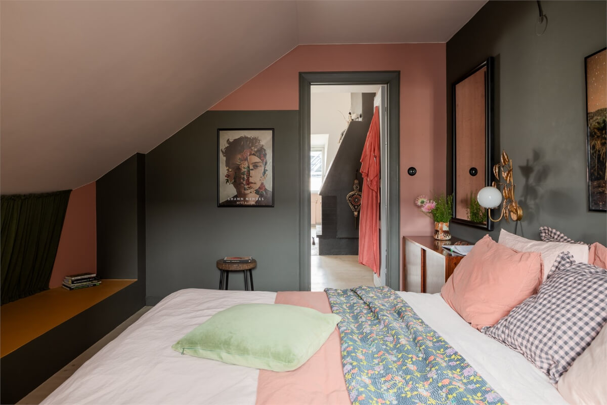A Colorful Family Attic Apartment in Stockholm 28 attic bedroom space pink and gray walls