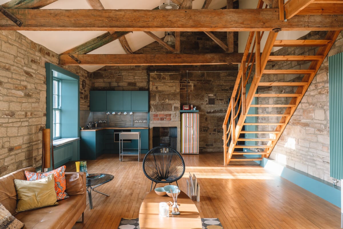 Colorful Rooms in a Regency Manor House in Yorkshire 23 attic living space blue kitchen stone walls