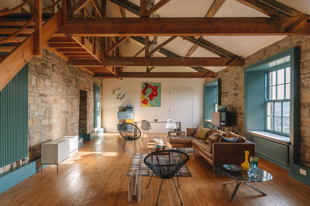 Colorful Rooms in a Regency Manor House in Yorkshire 21 attic living space exposed beams and brick