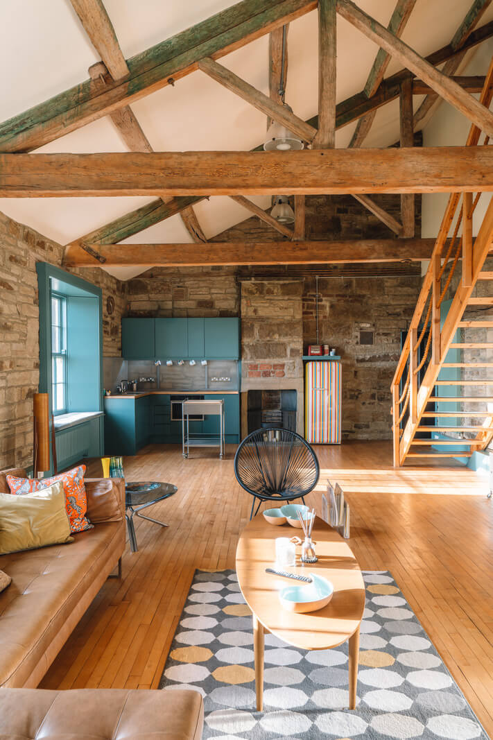 Colorful Rooms in a Regency Manor House in Yorkshire 25 attic room wooden beams stone walls
