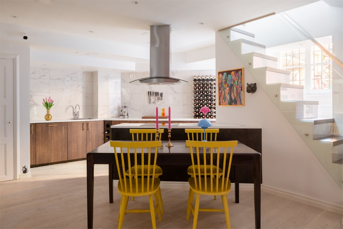 A Colorful Basement Duplex Apartment in Stockholm 10 basement apartment kitchen marble tiles