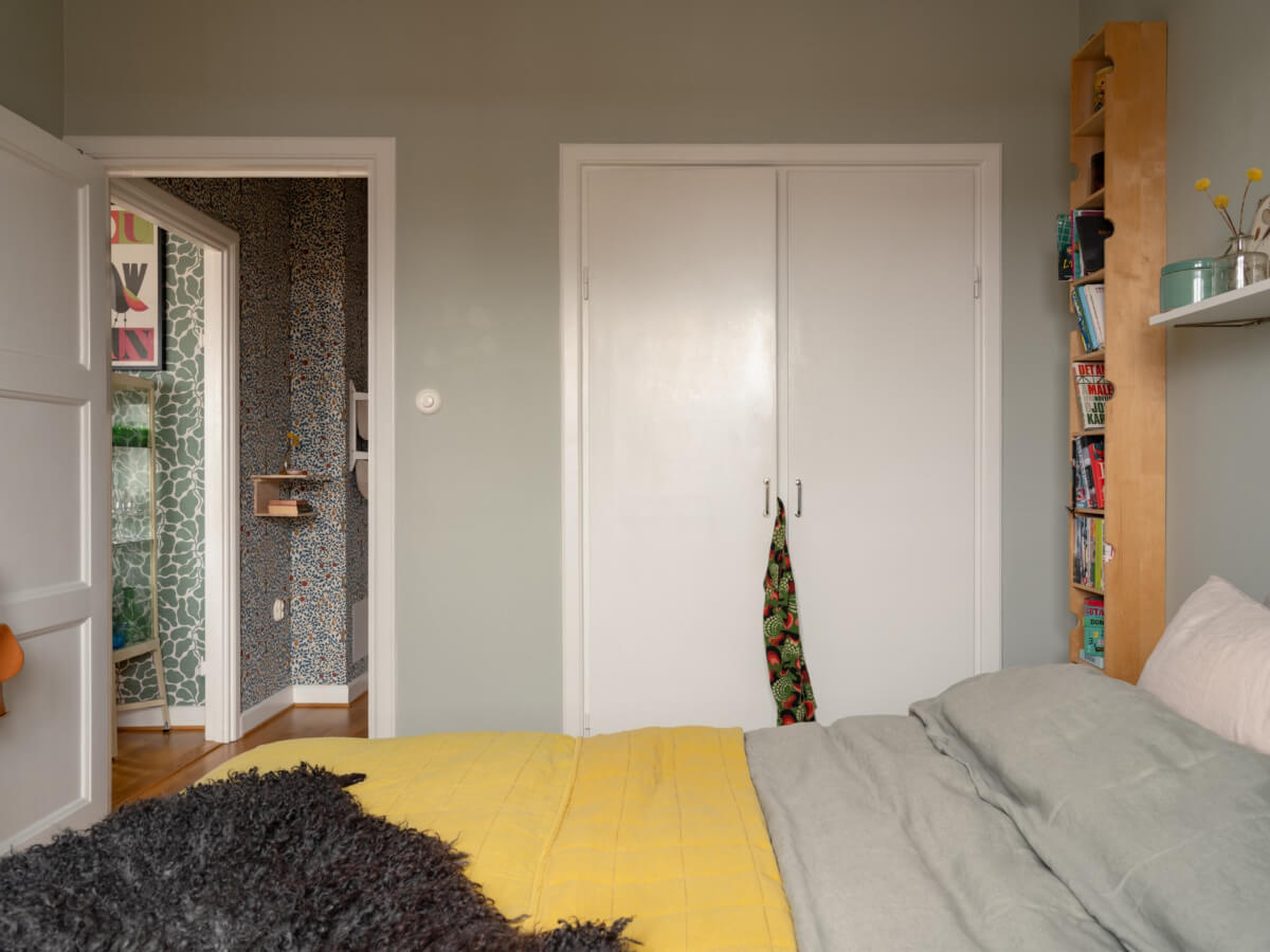 Colorful Wallpapers in a Well-Planned 1940s Apartment 18 bedroom built-in wardrobes