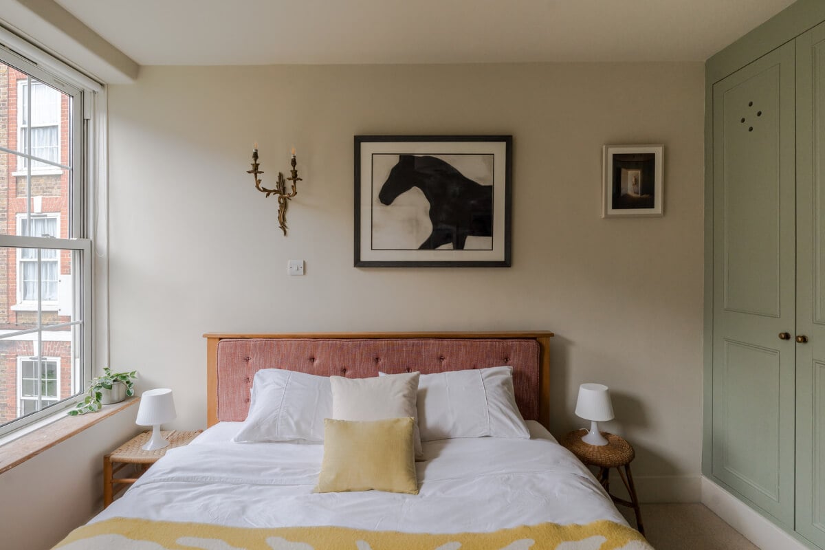 A Calm & Stylish Color Palette in a Small London Apartment 12 beige bedroom built-in wardrobes