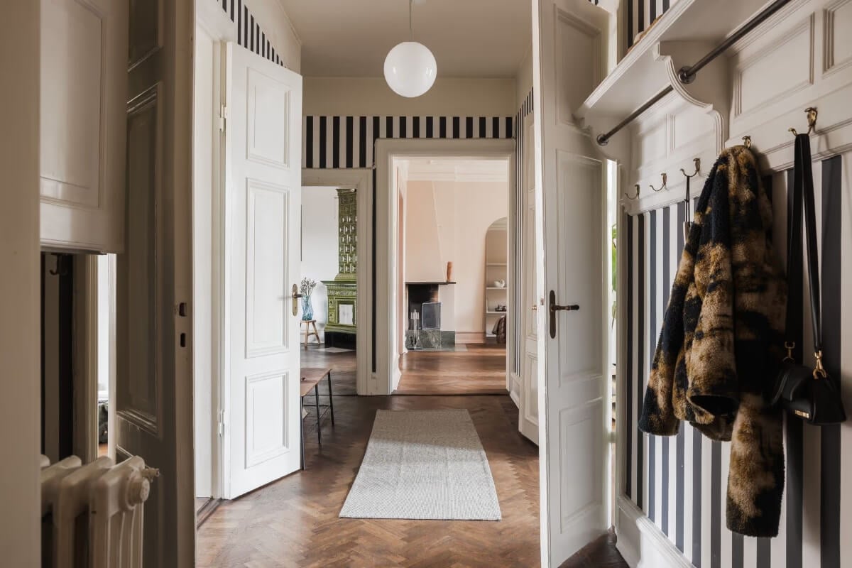 Grand Rooms and Period Features in a Malmö Apartment 22 black and white striped wallpaper hallway Grand Rooms and Period Features in a Malmö Apartment