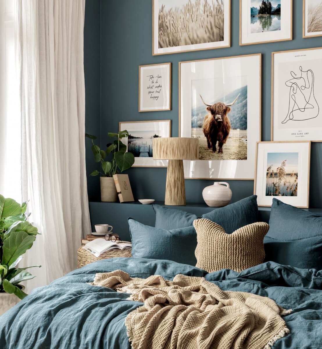 The 2026 Color of the Year (with Color Palettes & Inspiration) 35 blue-bedroom-natural-color-accents-gallery-wall-nordroom