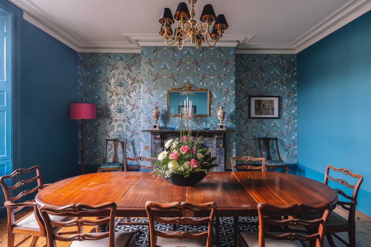 Colorful Rooms in a Regency Manor House in Yorkshire 5 blue dining room wallpaper fireplace