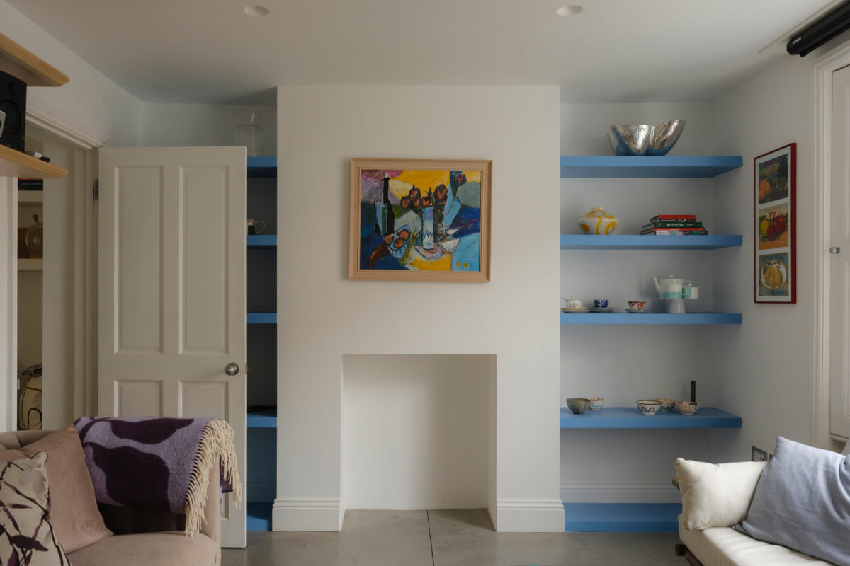 Five-Meter Glazed Garden Doors in an Expanded London Home 15 blue shelves sitting room
