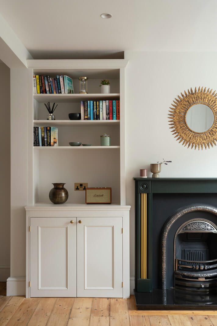A Renovated Georgian House with an Extended Kitchen 4 built in bookcase fireplace