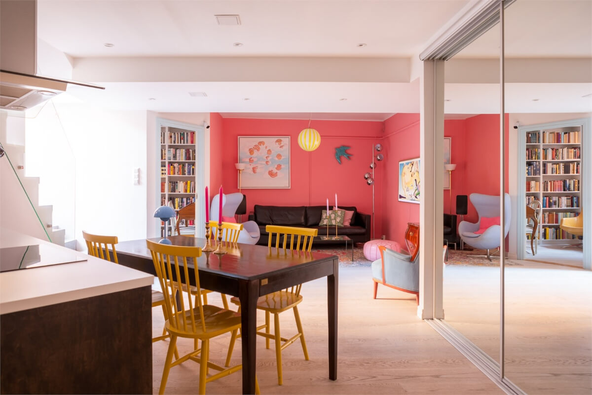 A Colorful Basement Duplex Apartment in Stockholm 1 colorful open-plan living space basement apartment