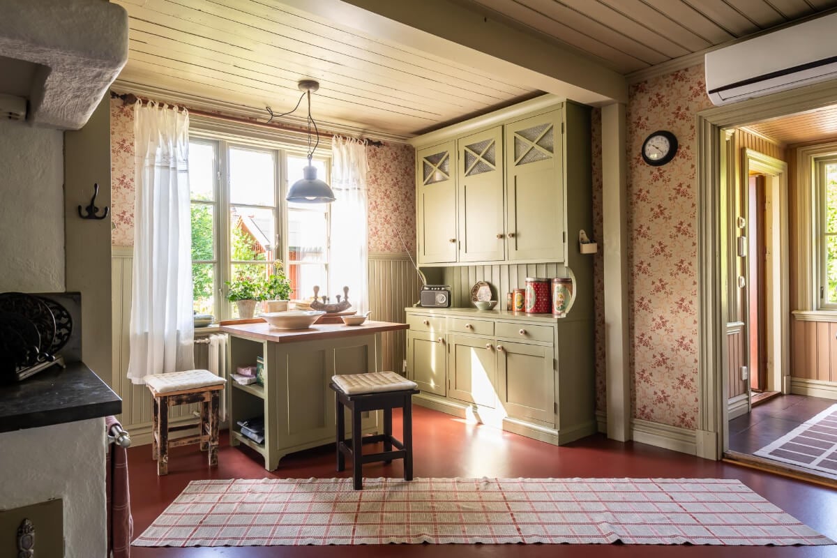 A Beautiful Historic Swedish Country House with Wallpapers 7 country kitchen red floor