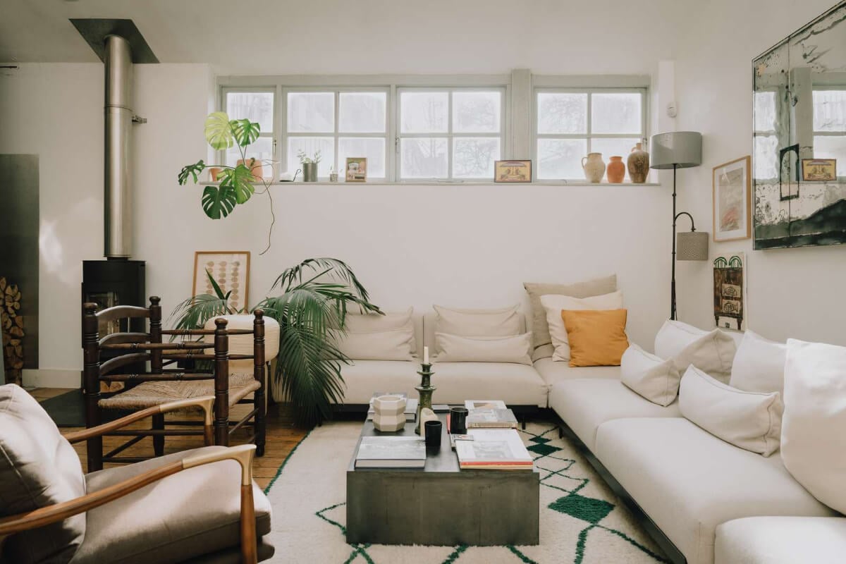 A London Basement Apartment in a Former Wood Workshop 5 cozy white living room large rug