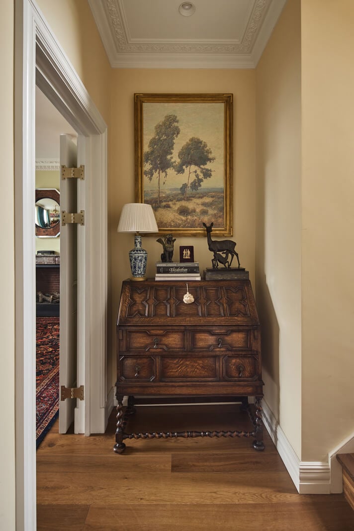 A Renovated Early Victorian Townhouse Decorated in Green Tones 6 dark beige hall