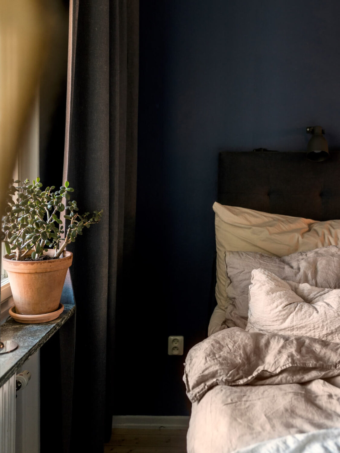 Cozy Plant-Filled Interiors in a 1940s Apartment 17 dark blue bedroom detail