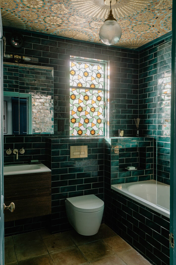 27 Statement Ceiling Ideas That Will Spruce Up Any Room 14 dark green bathroom stained glass painted ceiling