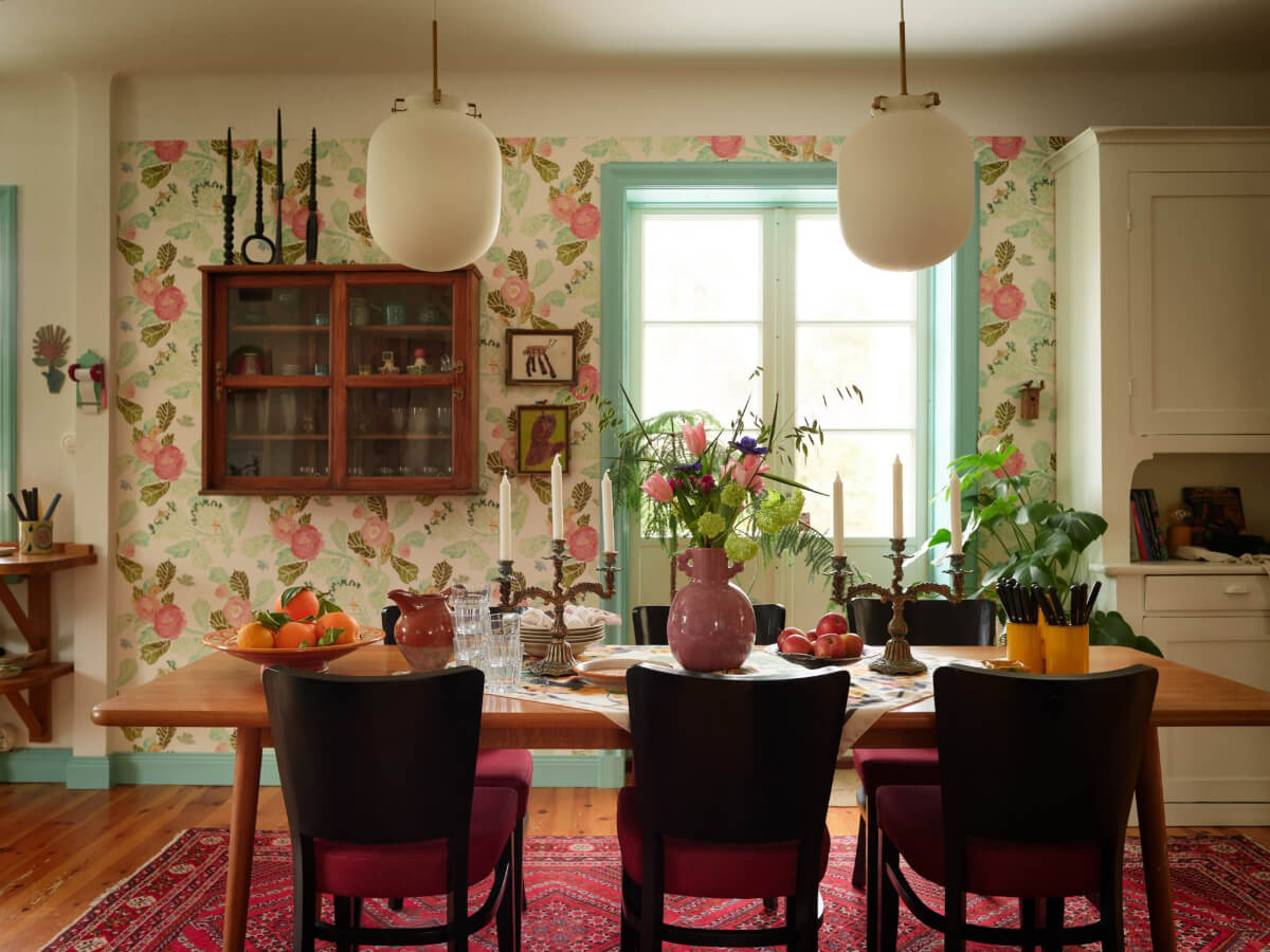 Colorful Interiors in a Wonderful Early 20th Century Swedish Villa 2 dining room floral wallpaper