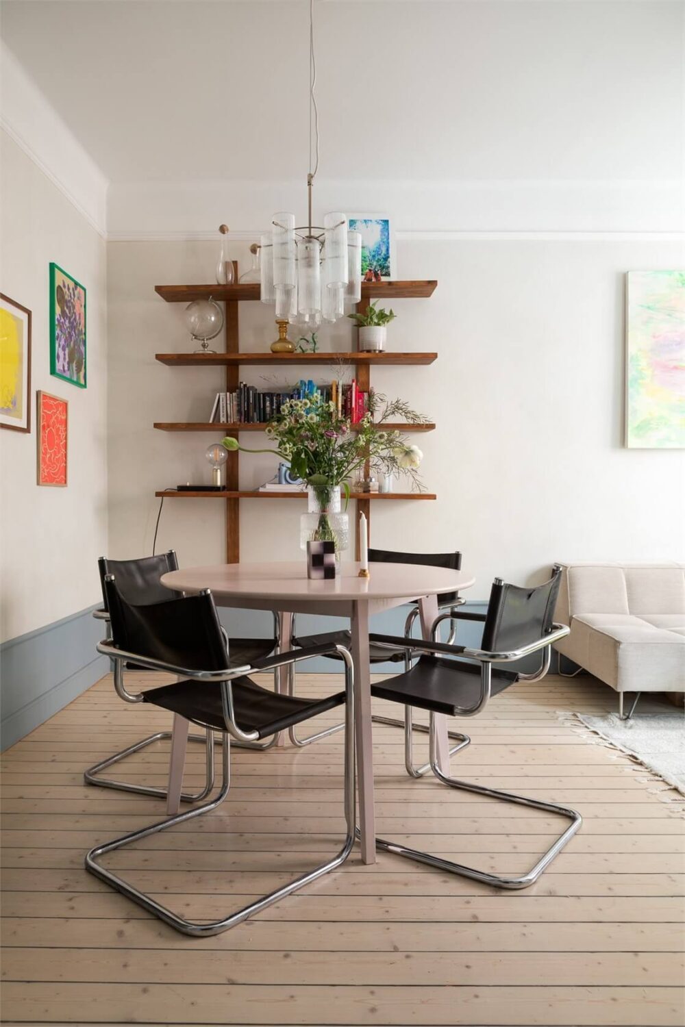 A Small Stockholm Apartment with a Blue Shaker Kitchen 9 dining table living room