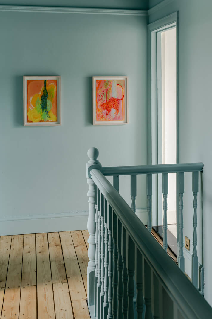 A Contrasting Color Palette in a Renovated Terrace House 10 dusty blue first floor landing