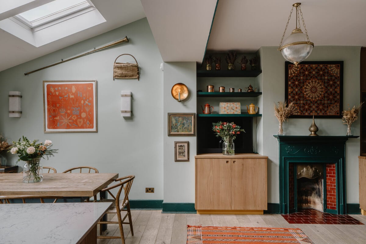Moroccan-Inspired Designs in a Unique Artist Family Home in London 12 extended kitchen space green fireplace