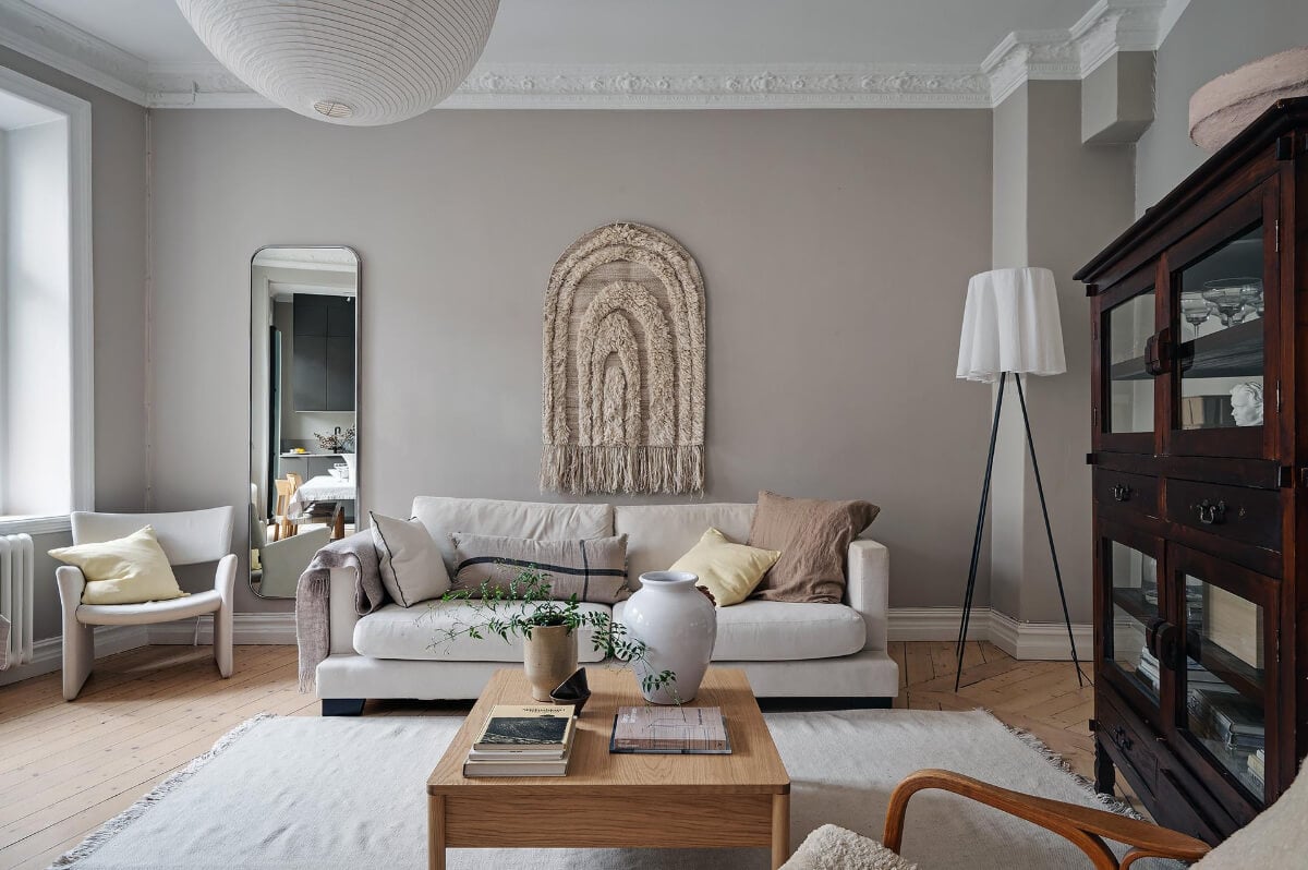 A Gothenburg Apartment with a Small Dark Green Bedroom 2 gray living room