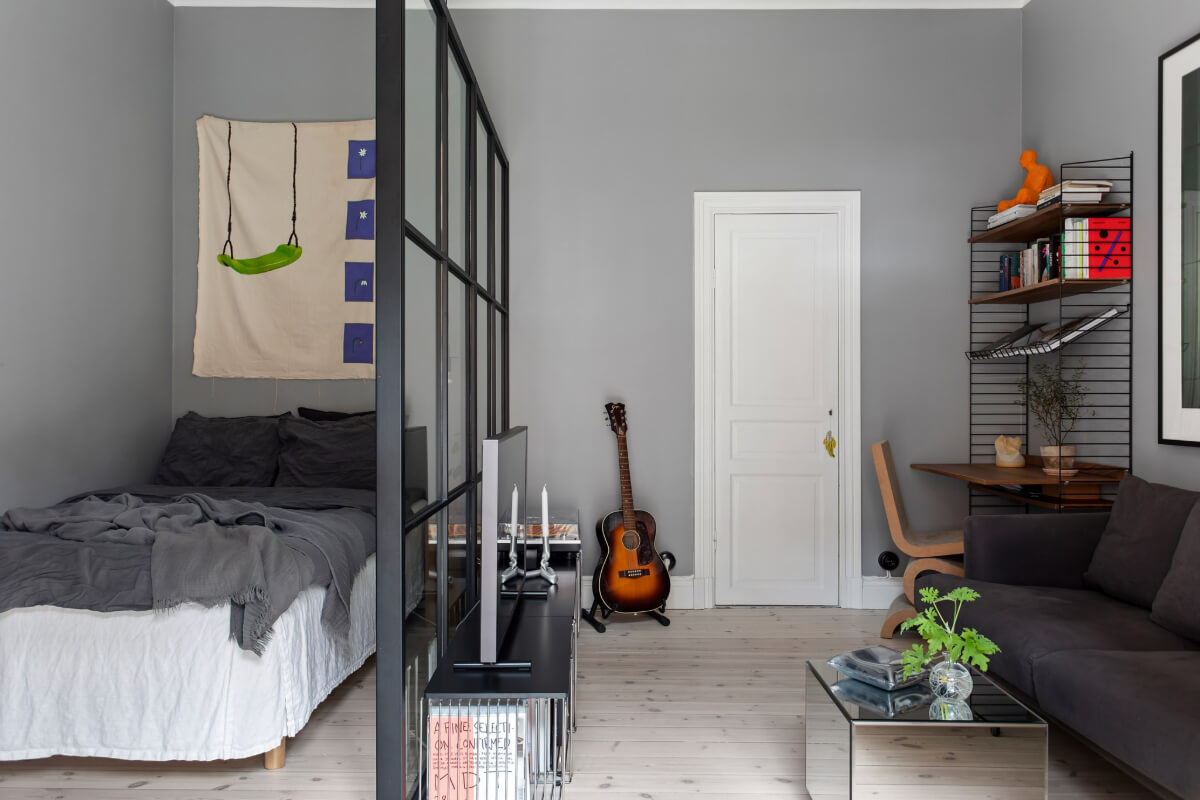 A Gray Studio Apartment with an Industrial Room Divider 5 gray studio apartment industrial room divider