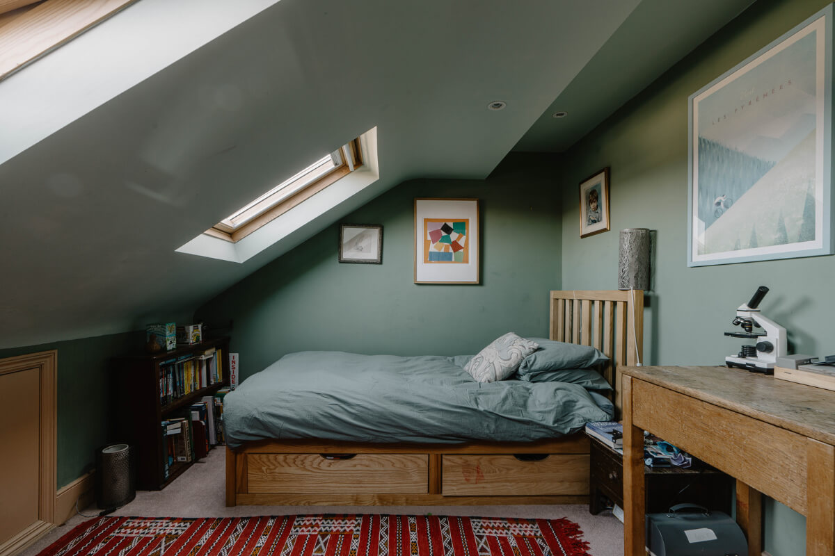 Moroccan-Inspired Designs in a Unique Artist Family Home in London 32 green attic bedroom