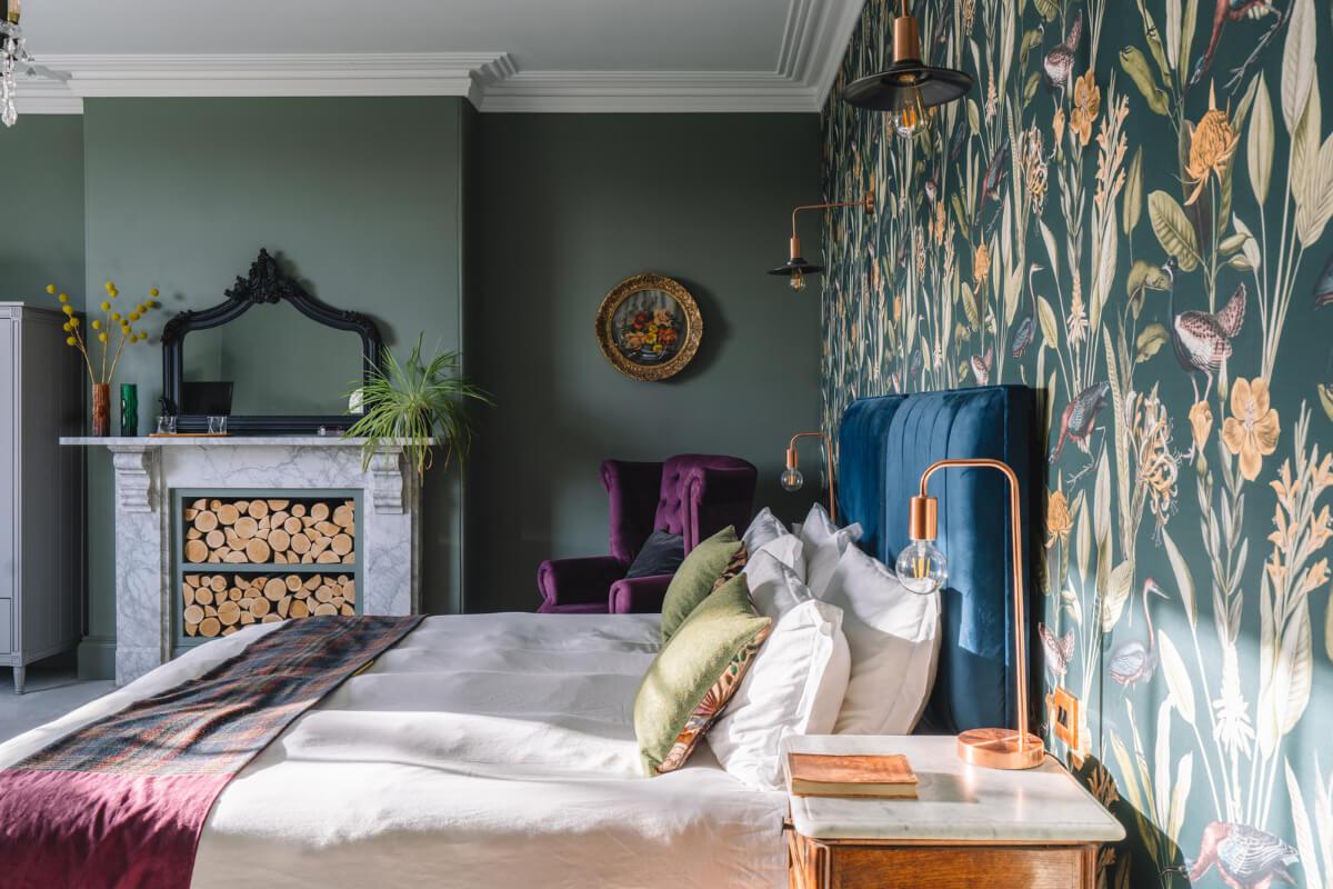 Colorful Rooms in a Regency Manor House in Yorkshire 11 green bedroom with wallpaper