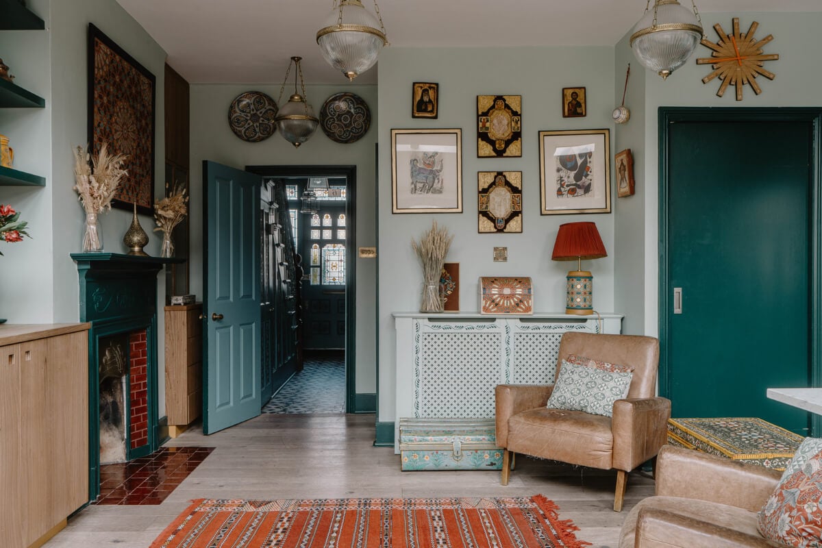 Moroccan-Inspired Designs in a Unique Artist Family Home in London 14 green fireplace