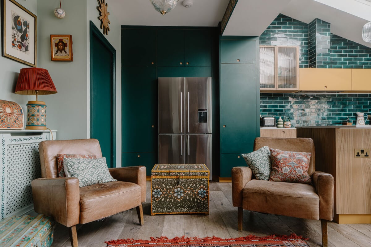 Moroccan-Inspired Designs in a Unique Artist Family Home in London 13 green kitchen sitting corner