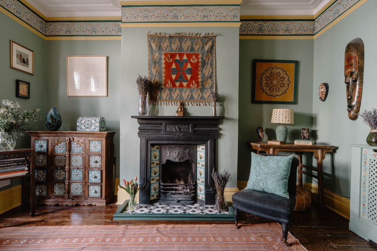 green sitting room edwardian fireplace