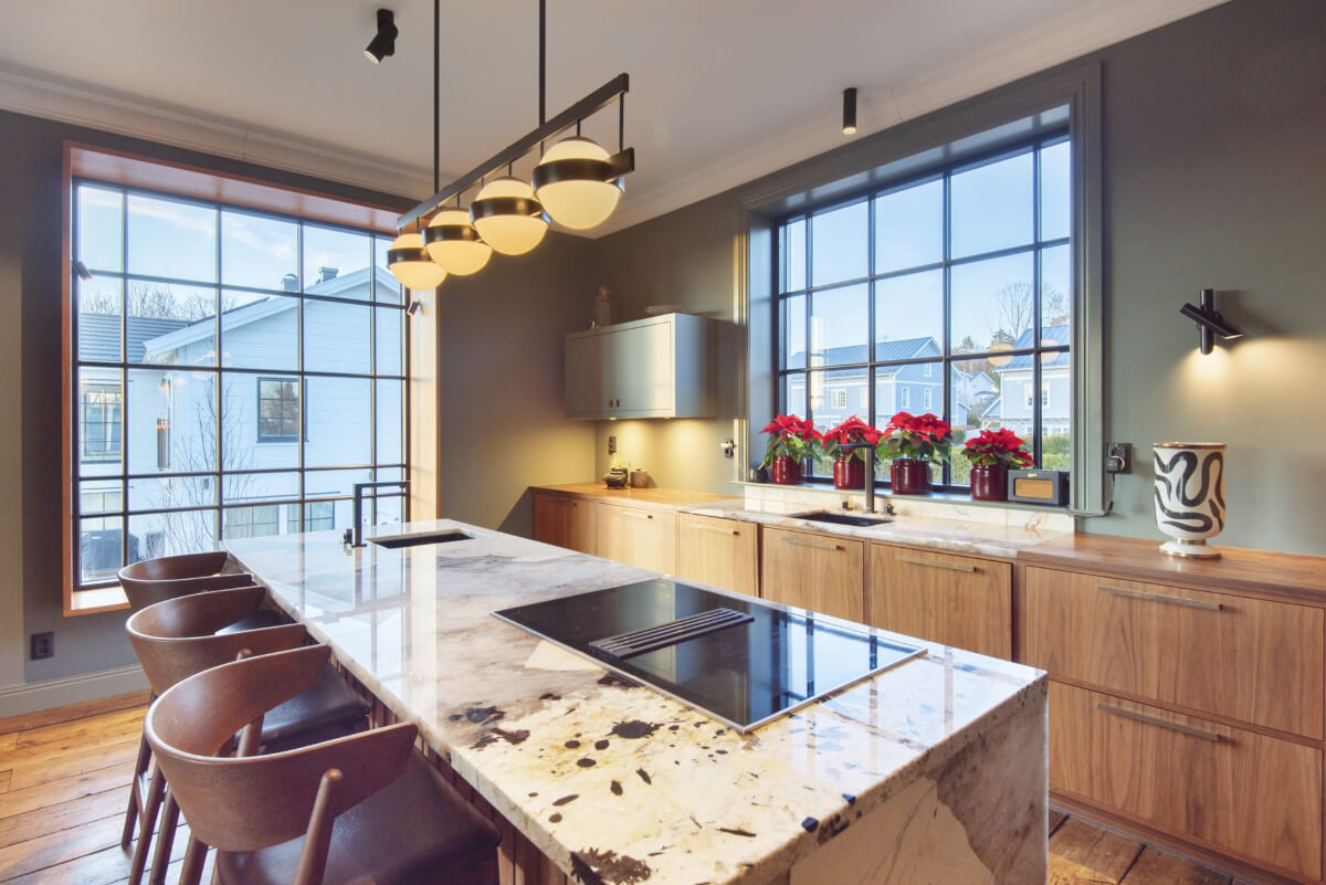 English Manor Style Interiors in a New Swedish Home with Lake Views 13 kitchen large windows