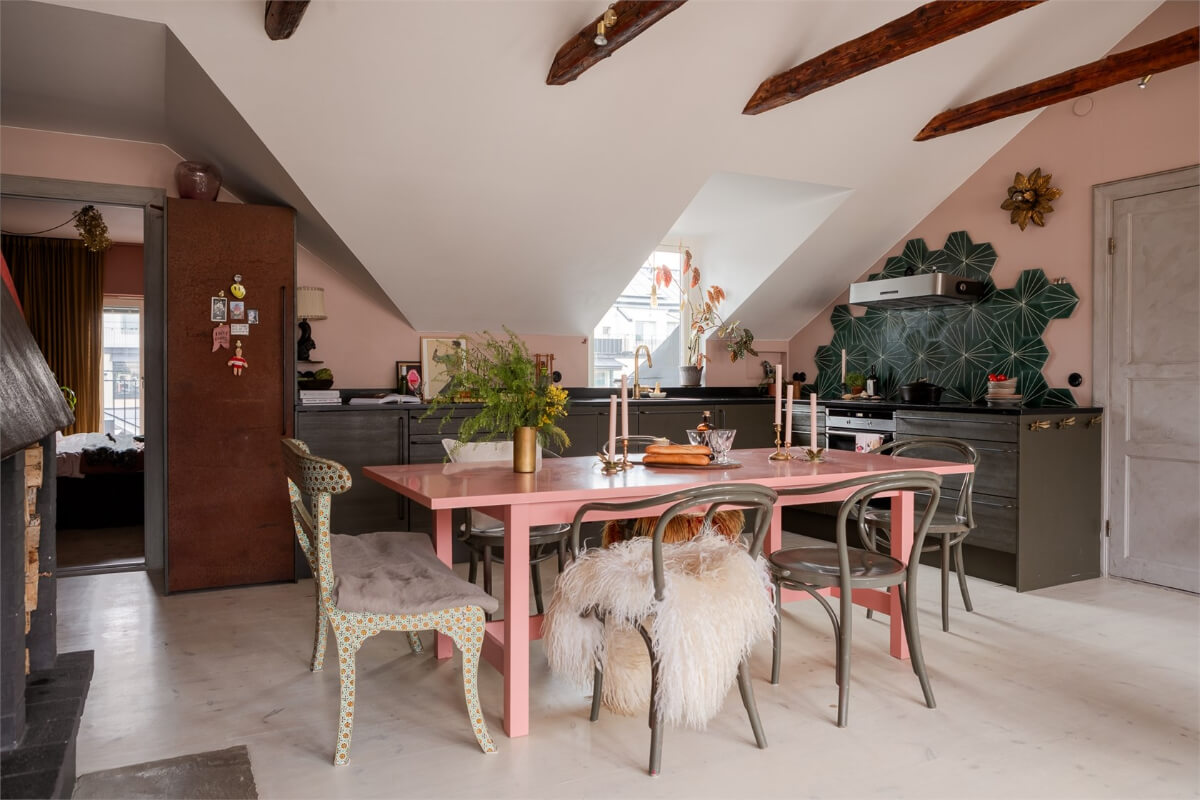 A Colorful Family Attic Apartment in Stockholm 20 kitchen pink walls green hexagon backsplash tiles