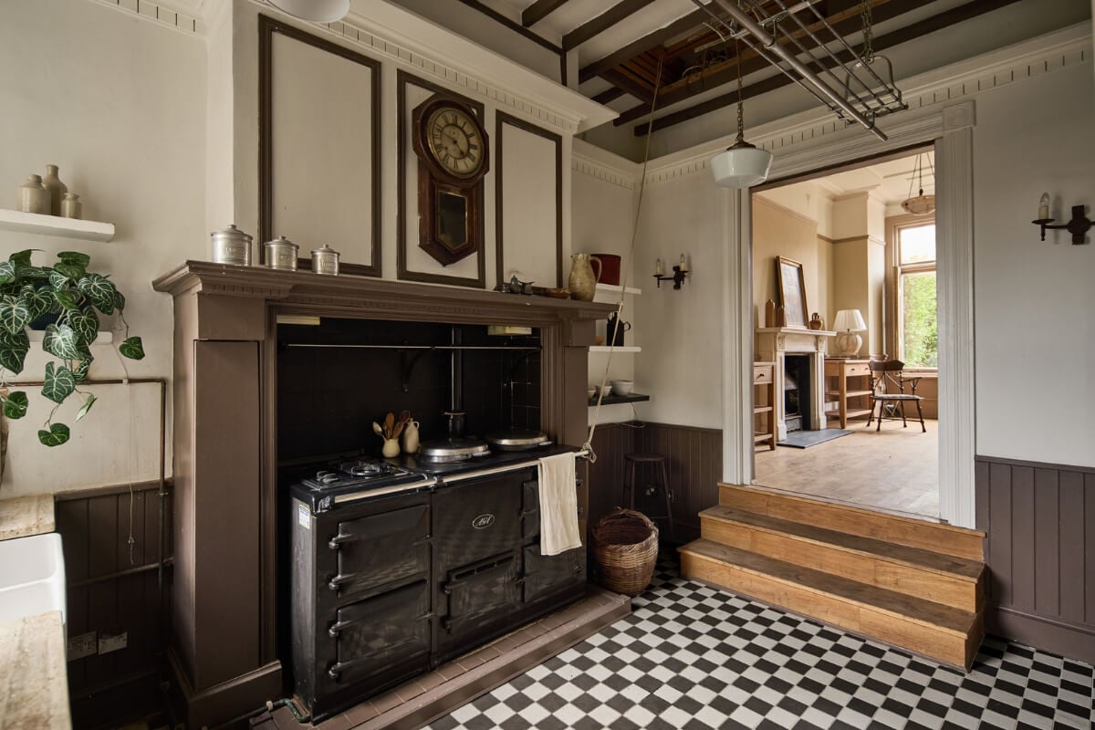 Grand Proportions and Period Details in a Victorian Villa 9 large black aga stove in mantel checkerboard floor tiles