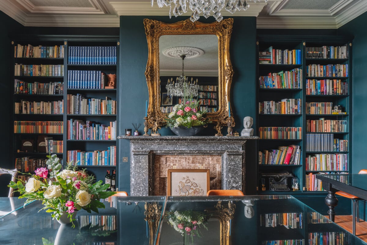 Colorful Rooms in a Regency Manor House in Yorkshire 4 library room dark blue walls fireplace