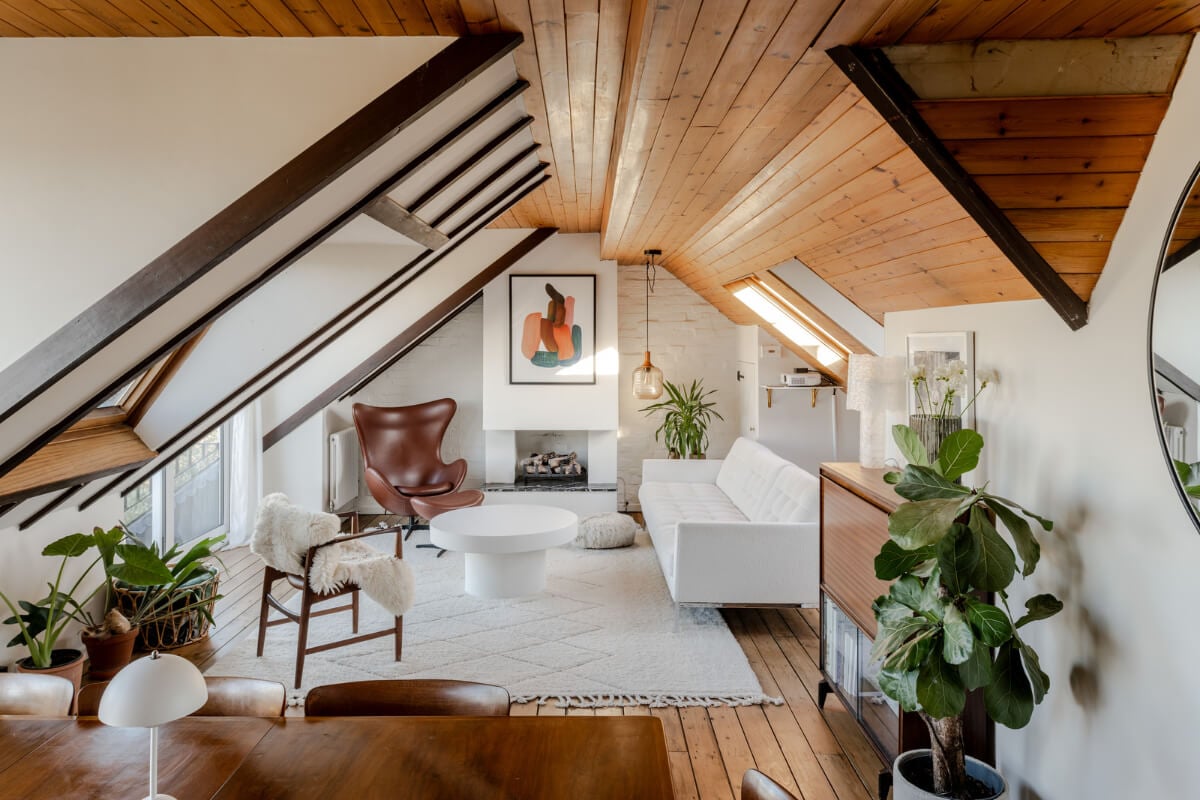 light attic living room wooden ceiling