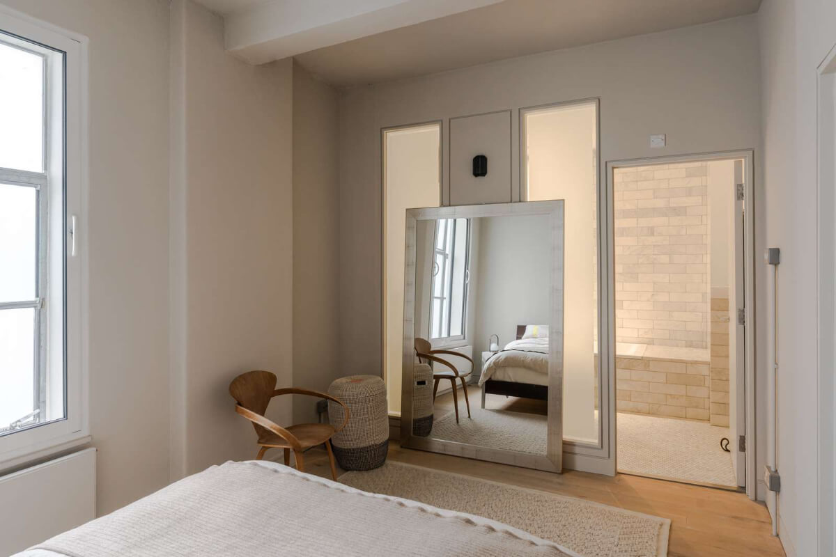 Soft-Colored Contemporary Interiors in a Warehouse Apartment 20 light bedroom en-suite bathroom