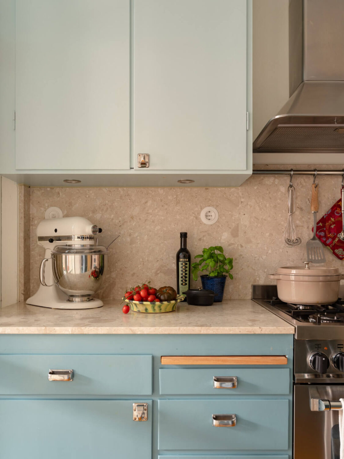 A Beautiful Well-Preserved 1930s Apartment with a Blue Kitchen 6 light blue kitchen cabinets