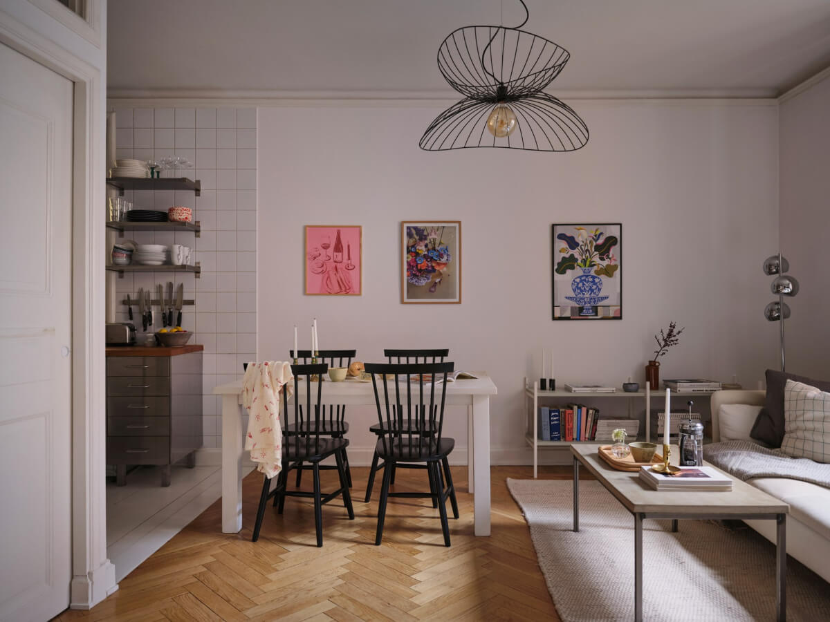 living room parquet floor white dining table