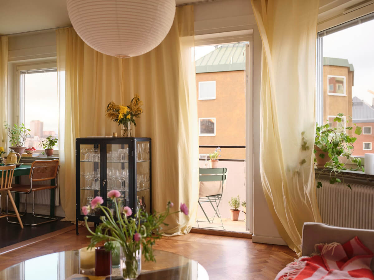 A Light Corner Apartment with Yellow Color Accents 9 living room parquet floor