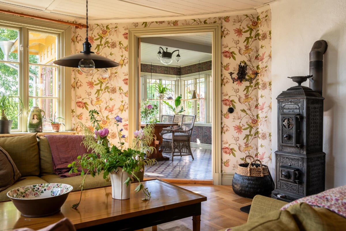 A Beautiful Historic Swedish Country House with Wallpapers 24 living room peek into garden room